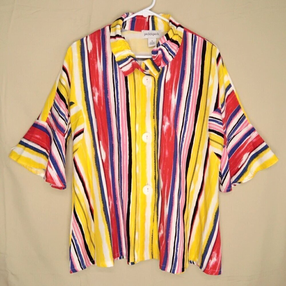 Vintage Peck & Peck Button Down Top Short Sleeve Wearable Art Women's Medium